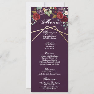 4x9.25 Menu Cards Plum Purple Roses Gold Geometric