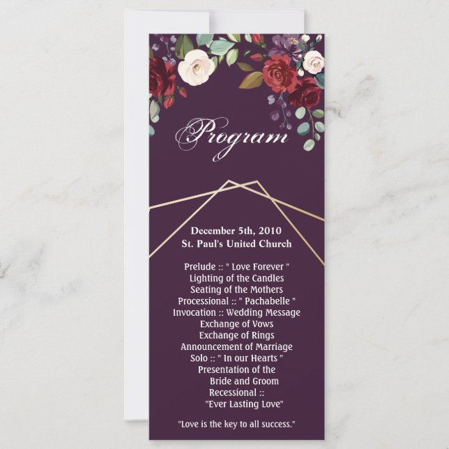 4x9.25 Program Cards Plum Purple Roses Gold Geomet (Front)