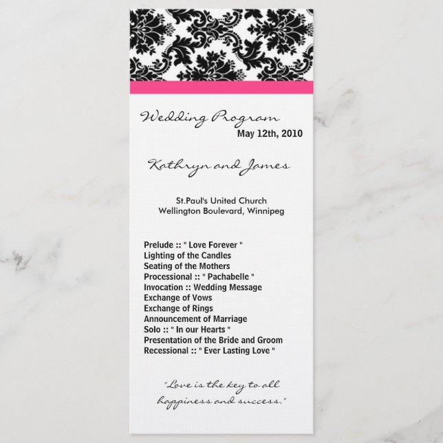 4x9 Wedding Program - Black Damask and Hot Pink Programme (Front)