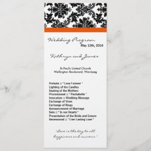 4x9 Wedding Program - Black Damask and Orange Programme