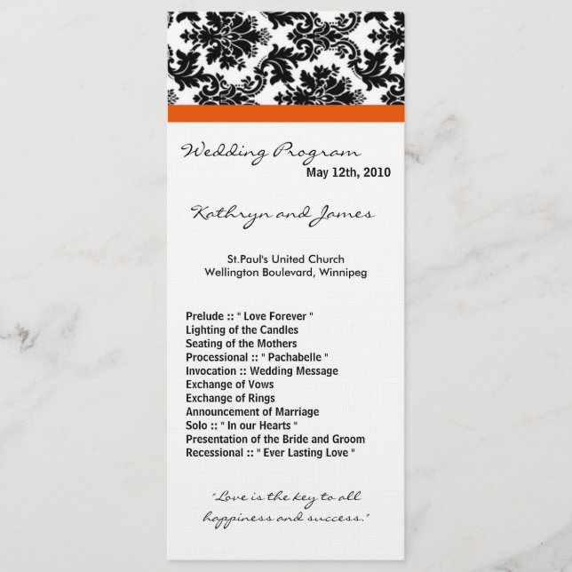 4x9 Wedding Program - Black Damask and Orange Programme (Front)