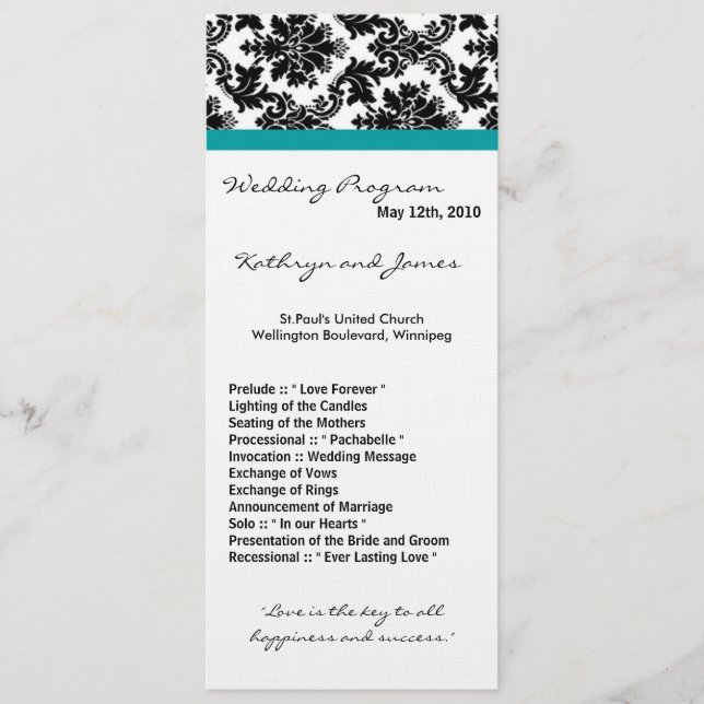 4x9 Wedding Program - Black Damask Teal Turquoise Programme (Front)
