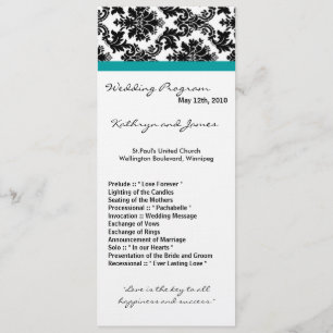 4x9 Wedding Program - Black Damask Teal Turquoise Programme