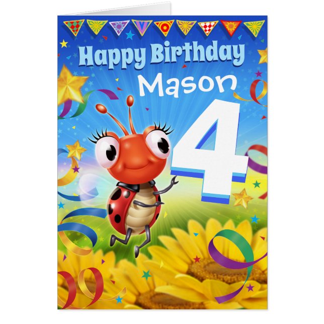 4yrs Custom birthday card Little Ladybug range (Front)