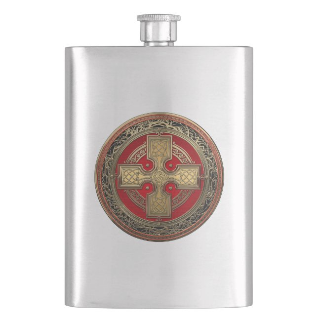 [500] Ancient Celtic Sacred Gold Knot Cross Hip Flask (Front)