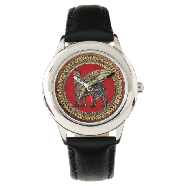 [500] Assyrian Winged Lion: Gold & Black Lamassu Watch (Front)