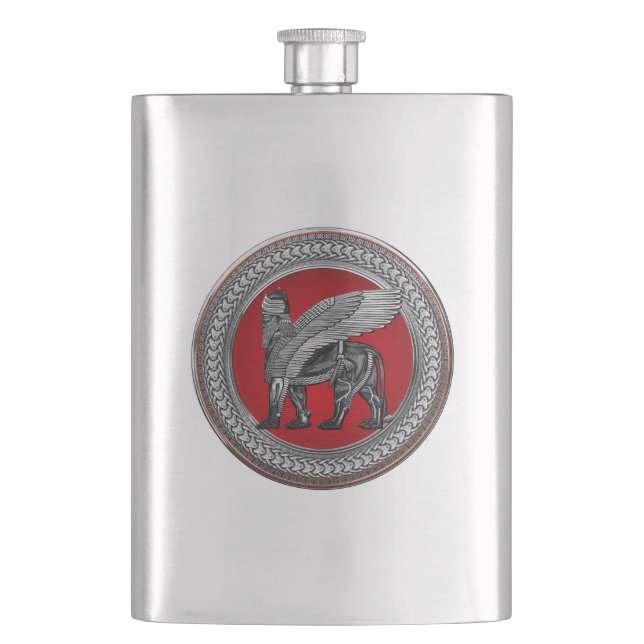 [500] Assyrian Winged Lion: Silver & Black Lamassu Hip Flask (Front)
