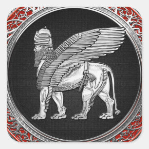 [500] Assyrian Winged Lion - Silver Lamassu Square Sticker