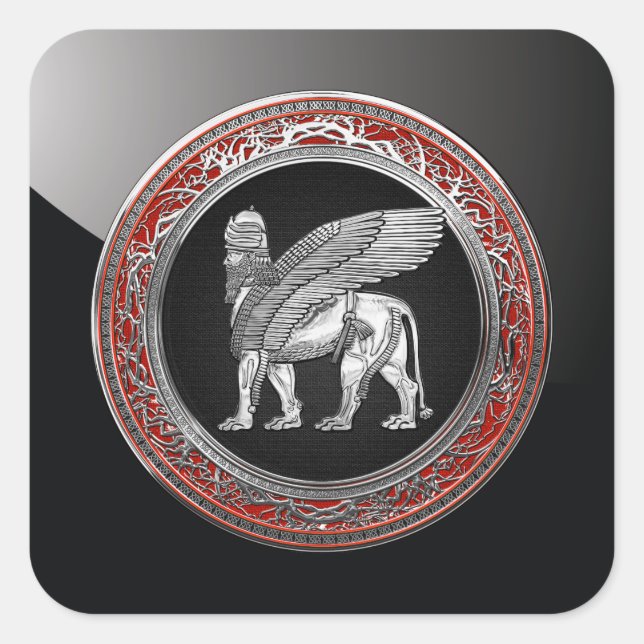 [500] Assyrian Winged Lion - Silver Lamassu Square Sticker (Front)