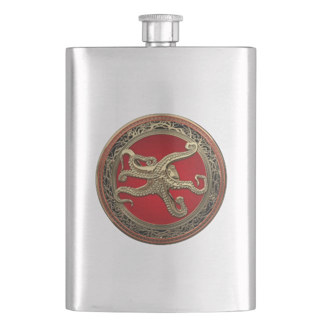 [500] Sacred Gold Octopus in Defensive Posture Hip Flask (Front)