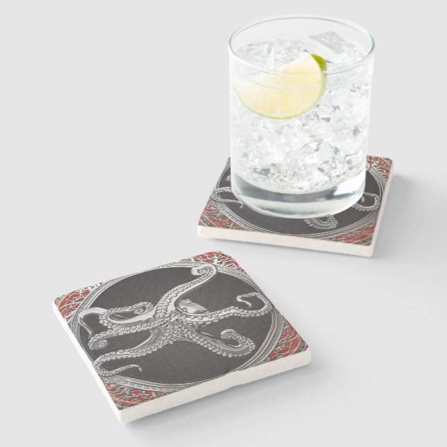 [500] Sacred Silver Octopus in Defensive Posture Stone Coaster (Side)