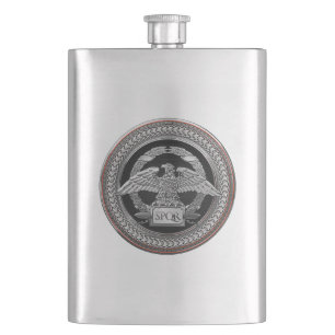 [500] Silver Roman Imperial Eagle over Medallion Hip Flask