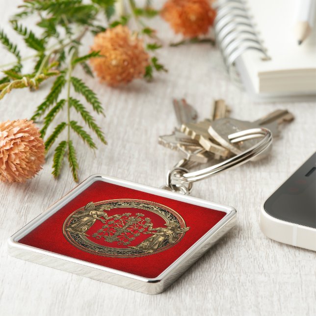 [500] Two Gold Ninurtas with Tree of Life Key Ring (Side)