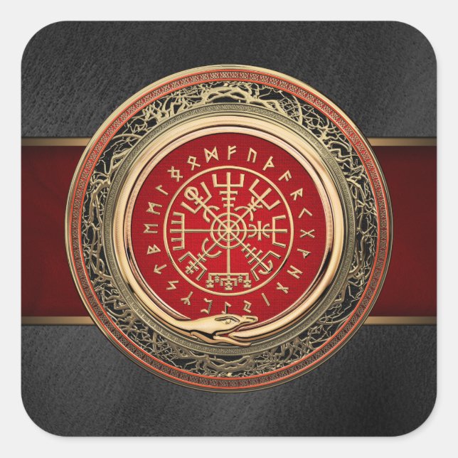 [500] Vegvisir - Viking Gold Magic Runic Compass Square Sticker (Front)