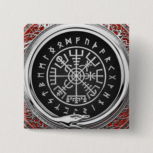 [500] Vegvisir - Viking Silver Magic Runic Compass 15 Cm Square Badge (Front)