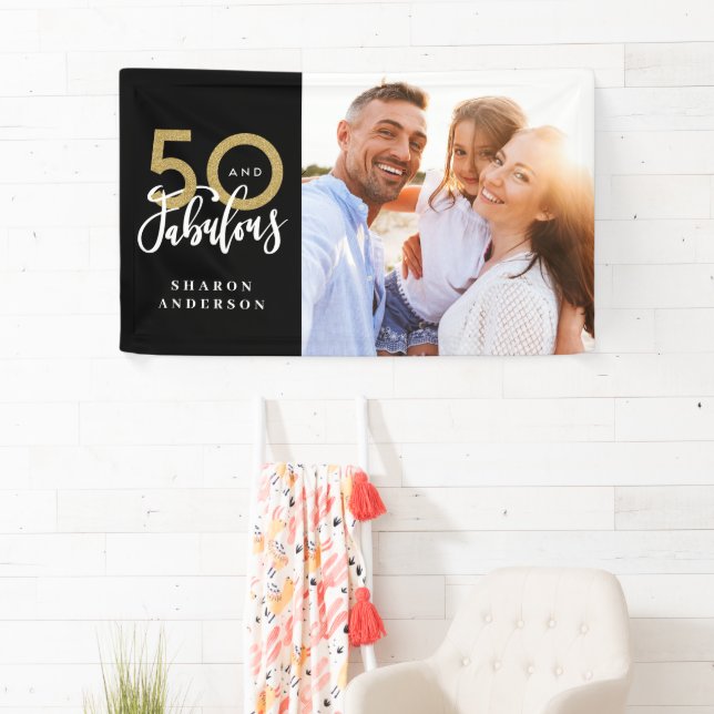50 and fab birthday black and gold photo collage banner (Insitu)