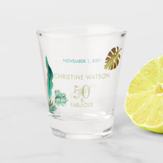 50 and Fab Green Gold Leaves Birthday Shot Glass