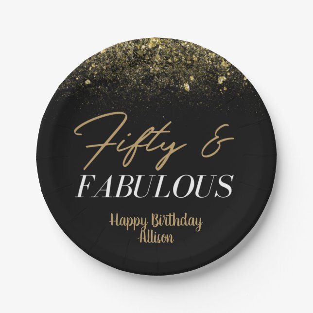50 and Fablous  Birthday Black/ Gold Confetti    Paper Plate (Front)