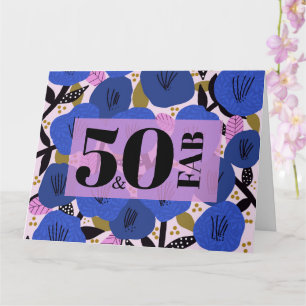 50 and Fabulous 50th Birthday Blue Floral Pattern Card