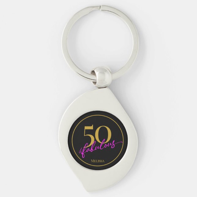50 and Fabulous 50th Birthday Gift Black and Gold Key Ring (Front)