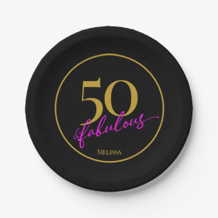 50 and Fabulous 50th Birthday Party Black and Gold Paper Plate
