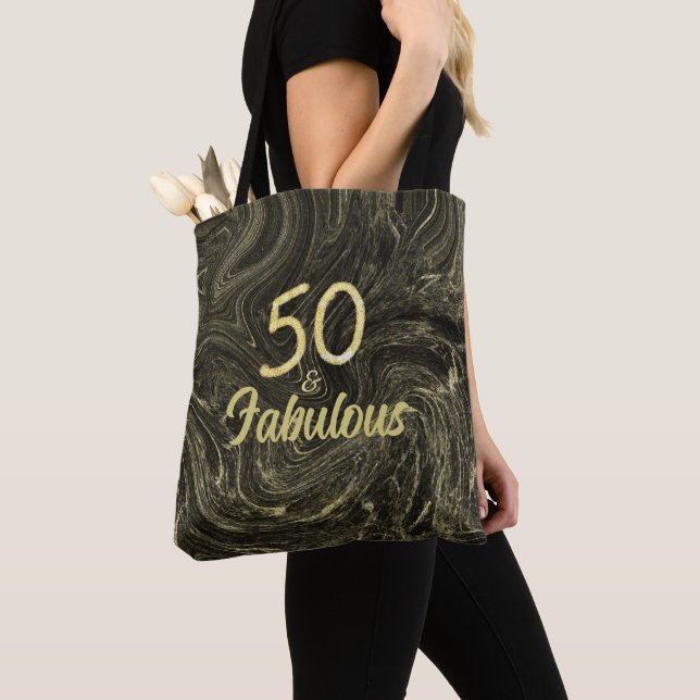 50 and Fabulous 50th Birthday Party Black and Gold Tote Bag (Close Up)