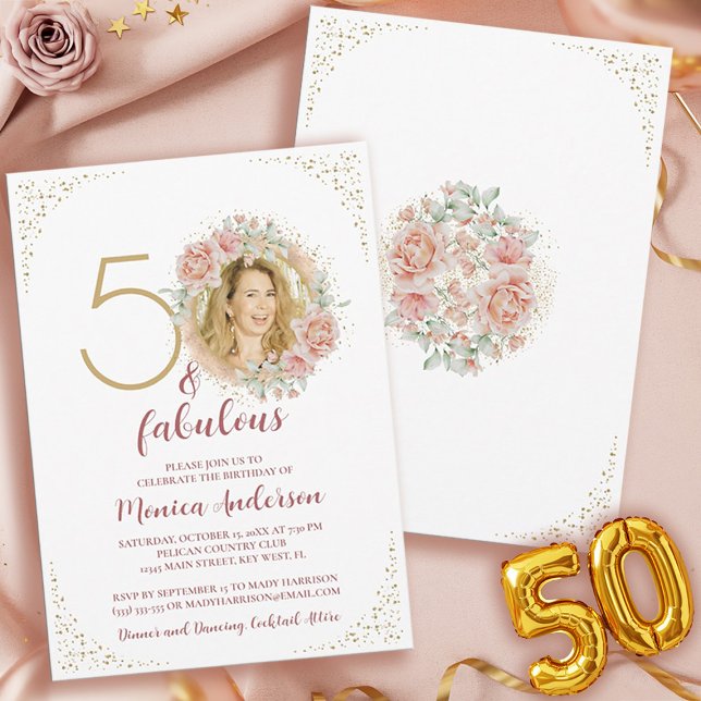 50 and Fabulous 50th Birthday Party Glitter Name Invitation (50 and Fabulous Pink Floral Gold Photo Birthday Invitation)