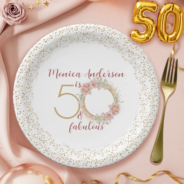 50 and Fabulous 50th Birthday Party Glitter Name Paper Plate (50 and Fabulous Pink Floral Gold Photo Birthday Paper Plates)