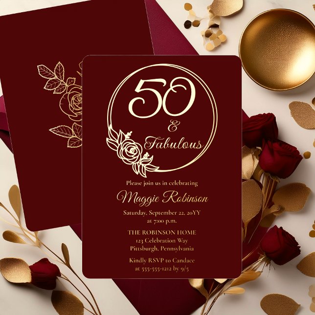 50 and Fabulous 50th Birthday Party Stamped (Elegant Rose Wreath 50 and Fabulous 50th Birthday Party Burgundy Stamped Gold Foil Invitation )