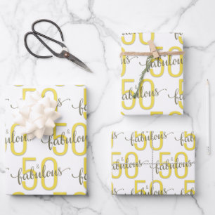 50 and Fabulous 50th Birthday Yellow Grey Wrapping Paper Sheet