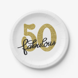50 and Fabulous   50th Gold Black Modern Party Paper Plate