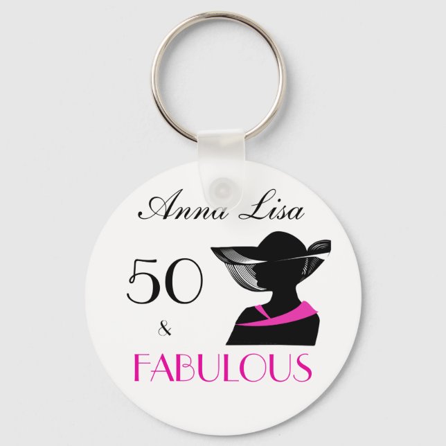 50 and Fabulous Art Deco Elegant  B&W pink splash Key Ring (Front)