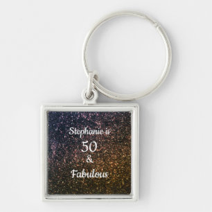50 And Fabulous Birthday Black Gold Glitter Ombre Key Ring