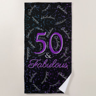 50 And Fabulous Birthday Black Purple Elegant Beach Towel