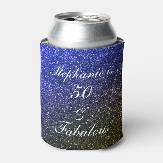50 And Fabulous Birthday Blue Black White Glitter Can Cooler (Can Front)