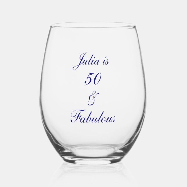 50 And Fabulous Birthday Blue Elegant Gift Favour Stemless Wine Glass (Front)