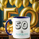 50 and Fabulous Birthday Blue Typography Mug<br><div class="desc">Celebrate a 50th birthday and birth year with this 50 & Fabulous Coffee mug. It has dark blue handles and is dark blue inside, with text in black and turquoise blue, on a white background. The text says "50 & Fabulous". It's a nice 50th birthday design to celebrate turning 50!...</div>