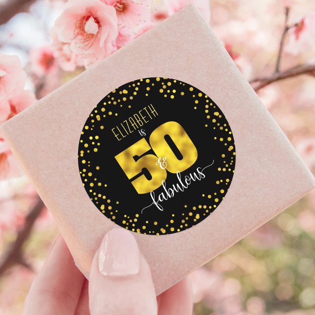 50 and fabulous birthday chic gold foil dots black classic round sticker (Creator Uploaded)