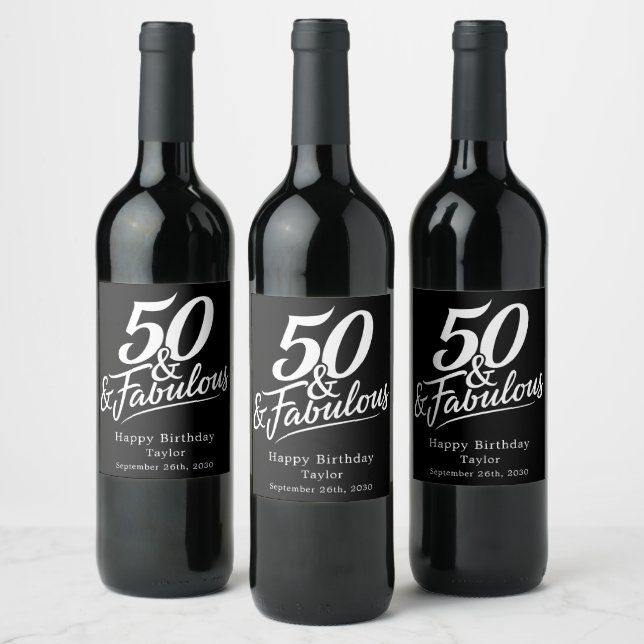 50 and Fabulous Birthday Chic Script Custom Wine Label (Bottles)