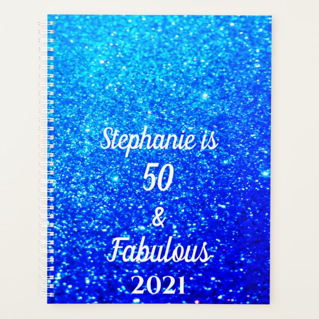 50 And Fabulous Birthday Deep Blue Ombre Glittery Planner (Front)