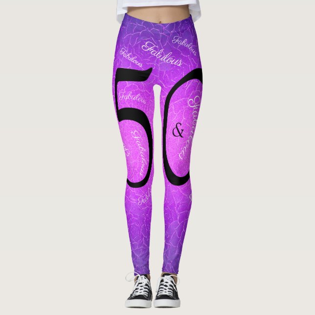50 And Fabulous Birthday Elegant Purple Metallic Leggings (Front)