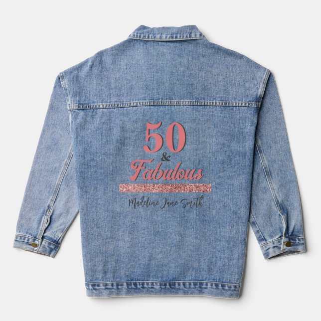 50 and Fabulous Birthday Elegant Rose Pink Glitter Denim Jacket (Back)