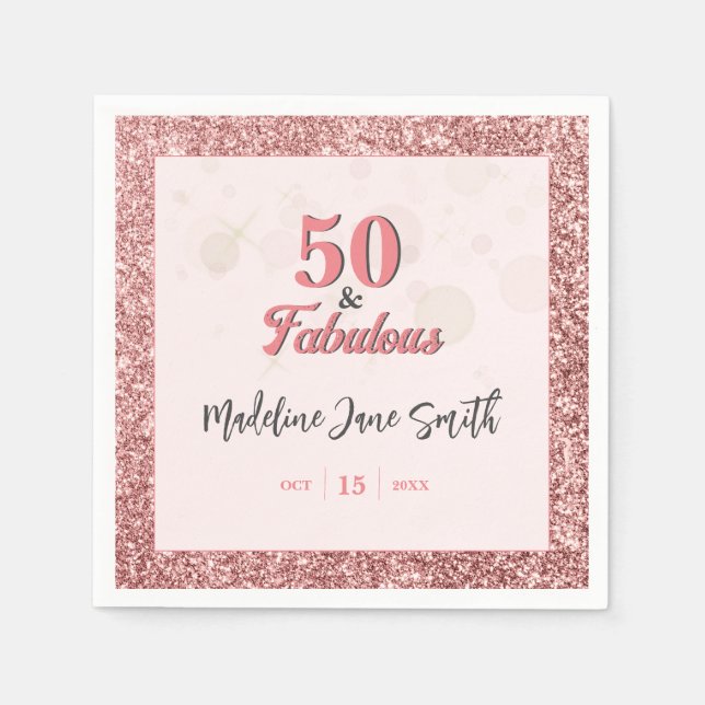 50 and Fabulous Birthday Elegant Rose Pink Glitter Napkin (Front)