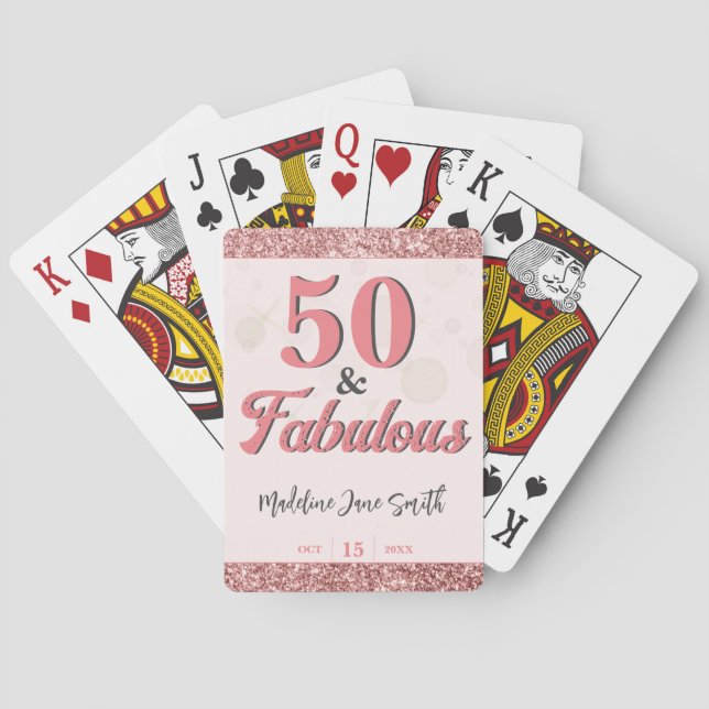 50 and Fabulous Birthday Elegant Rose Pink Glitter Playing Cards (Back)