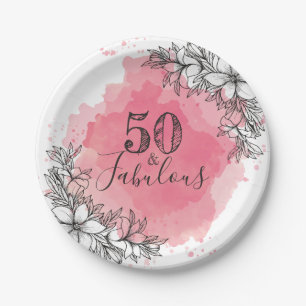 50 And Fabulous. Birthday. Flowers in Watercolor. Paper Plate