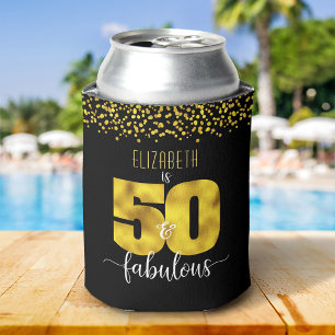 50 and fabulous birthday glam gold foil dots black can cooler