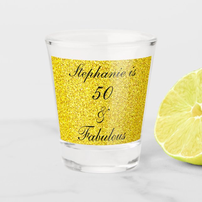 50 And Fabulous Birthday Gold Black Glitter Party Shot Glass (Front)