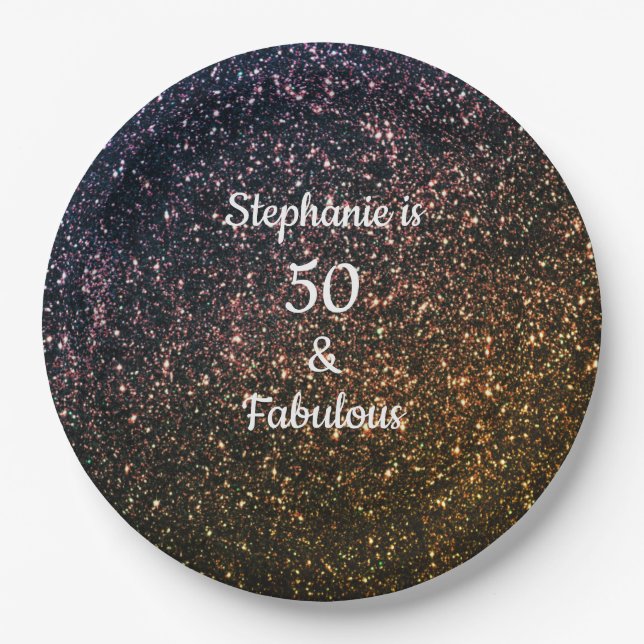 50 And Fabulous Birthday Gold Black Golden Glitter Paper Plate (Front)