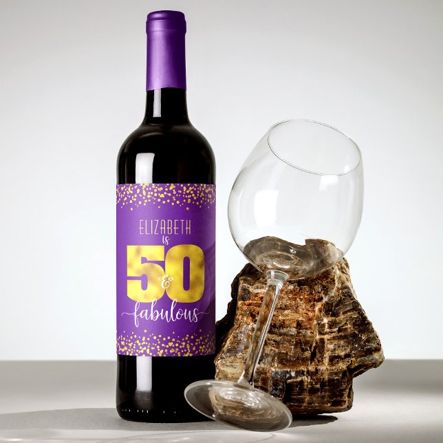 50 and fabulous birthday gold foil dots on purple wine label (Creator Uploaded)