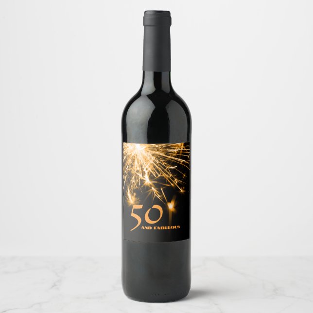 50 and Fabulous birthday gold sparkle party Wine Label (Front)